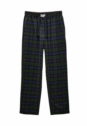 Cotton plaid pajama pants in dark green with blue and red accents. Features an elastic waistband with a drawstring for adjustable fit.