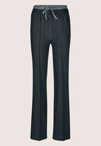 Donkergrijze wijde broek met verticale streepjes, elastische tailleband en trekkoord. Zachte stof met een gladde textuur.