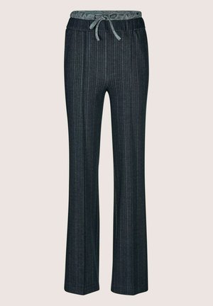 Donkergrijze wijde broek met verticale streepjes, elastische tailleband en trekkoord. Zachte stof met een gladde textuur.