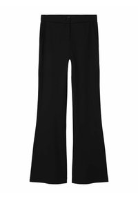 Pantalons évasés noirs en tissu lisse. Dotés d'une taille avec un bouton, de poches latérales et d'une coupe décontractée au niveau des jambes.