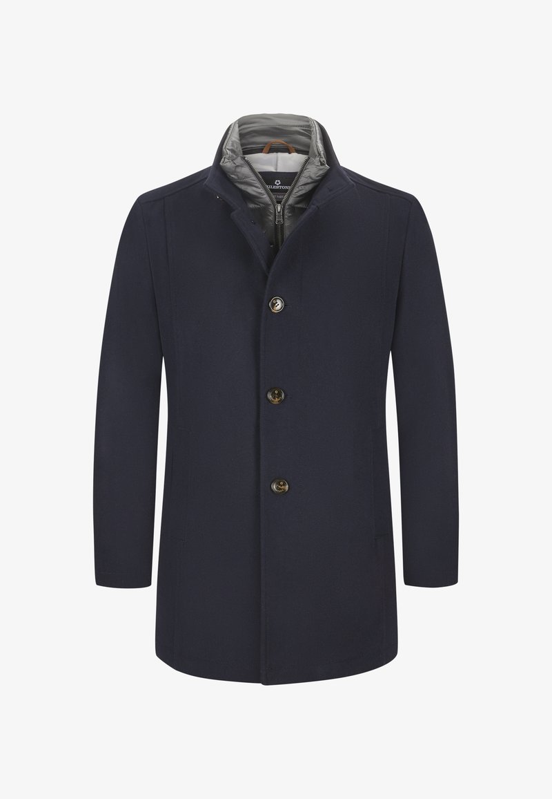 Marineblauer Mantel mit strukturiertem Design, ausgestattet mit Stehkragen, fünf vorderen Knöpfen und Seitentaschen. Das Innenfutter ist grau.