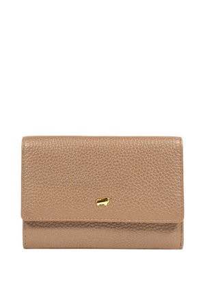 Körnige, beige Lederbörse mit einem goldenen Akzent-Logo und einem Klappenverschluss. Kompakte rechteckige Form, glatte Oberfläche und minimalistisches Design.