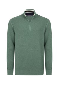 Grüner, gerippter Pullover mit einem halbwertigen Reißverschlusskragen. Verfügt über einen gestreiften Innenkragen, lange Ärmel und einen lockeren Schnitt.