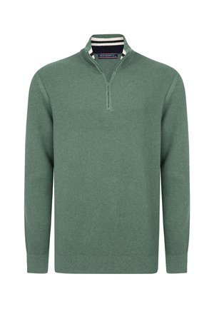 Pullover verde a coste con colletto a mezza zip. Presenta un colletto interno a righe, maniche lunghe e una vestibilità rilassata.