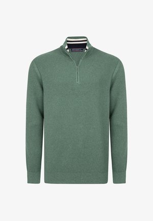 Green, ribbed pullover with a half-zip collar. Features a striped inner collar, long sleeves, and a relaxed fit.