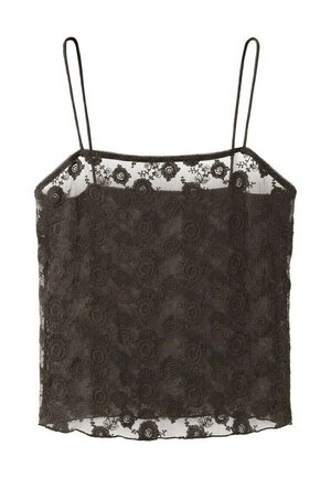 Črna prosojna čipkasta majica s cvetličnim vezenjem in tankimi spaghetti naramnicami, z ravnim izrezom in nežnimi valovitimi robovi.