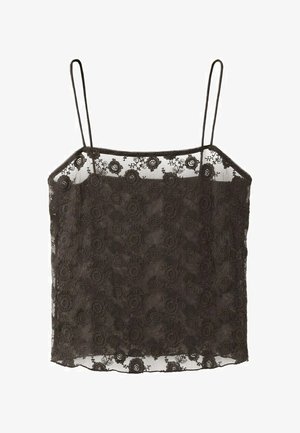 Black sheer lace camisole with floral embroidery and thin spaghetti straps, featuring a straight neckline and delicate scalloped edges.