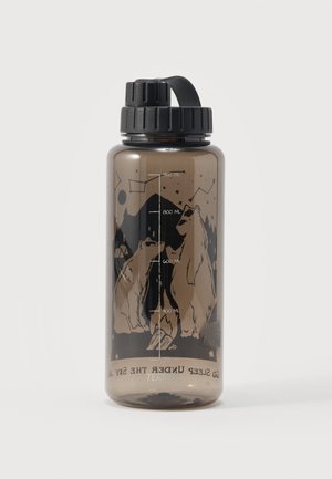 Brown translucent water bottle with black screw lid, featuring bears around a campfire and mountain and constellation designs.