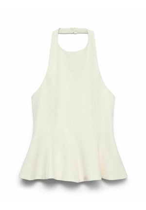 Balta halter stila blūze ar izplešanos apakšā, izgatavota no gludas auduma. Iezīmēta ar vienkāršu pogu aizdari aizmugurē un tīrām šuvēm.