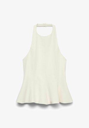 Balta halter stila blūze ar izplešanos apakšā, izgatavota no gludas auduma. Iezīmēta ar vienkāršu pogu aizdari aizmugurē un tīrām šuvēm.