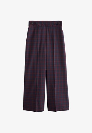 Pantalon large à carreaux bleu marine et bordeaux avec pli avant et pattes de ceinture boutonnées.