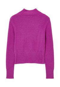 Maglione fucsia con collo alto, maniche lunghe e orlo a coste, realizzato in morbido tessuto testurizzato. Vista posteriore mostrata.