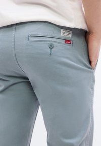 Φωτεινά γαλάζια παντελόνια Levi's με κουμπωτή πίσω τσέπη, ετικέτα της μάρκας, φορεμένα με λευκό πουκάμισο, χέρι που ακουμπά στην μπροστινή τσέπη.