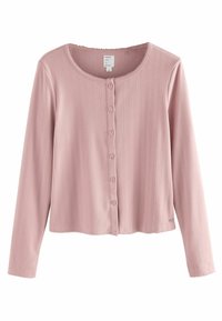Top lungo a maniche rosa con texture a coste, scollatura rotonda e chiusura con bottoni. Presenta un orlo ondulato e bordi delle maniche, realizzato in tessuto morbido.