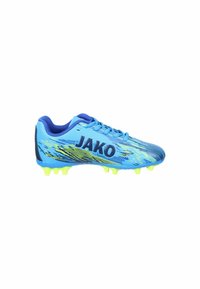 Blaue Fußballschuhe mit einer strukturierten Oberfläche, neon-gelben Akzenten, schwarzem "JAKO" Logo und sechs ausgeprägten Noppen an der Sohle für Stabilität.