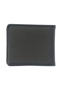 Portefeuille noir en cuir avec une surface texturée, de forme rectangulaire, aux bords arrondis et avec des coutures visibles le long du périmètre.