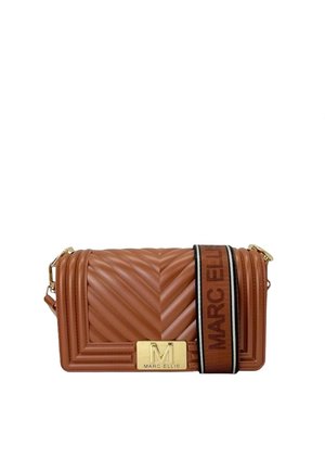 Borsa a tracolla trapuntata marrone con ferrature dorate, caratterizzata da una piastra con logo distintivo e una tracolla a righe a contrasto con la scritta 'Marc Ellis'.