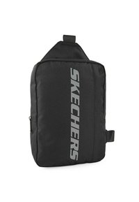Mochila de tela negra con un diseño elegante, que presenta un destacado logo gris de "SKECHERS" y un asa en la parte superior para llevar. Superficie texturizada.