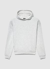 Sweat à capuche en coton gris avec cordon de serrage au niveau du col, manches longues, poignets côtelés et coupe décontractée. Texture lisse, design simple sans motifs.
