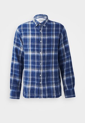 Camicia a quadri blu e bianca con maniche lunghe, realizzata in un tessuto leggero, con colletto button-down e orlo dritto.