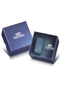 Boîte de montre Festina en bleu foncé, avec une texture lisse. L'intérieur comprend un coussin en velours assorti pour maintenir une montre, portant la marque "Festina."