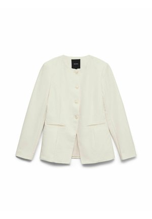 Bílý dlouhý sako s kulatým výstřihem, čtyřmi předními knoflíky a dvěma horizontálními kapsami na řezu, položeno na bílém pozadí.