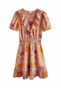 Rochie cu model floral în nuanțe de roz, având mâneci scurte tip puff, un decolteu în V volanat și o talie elasticizată cu fustă evazată.