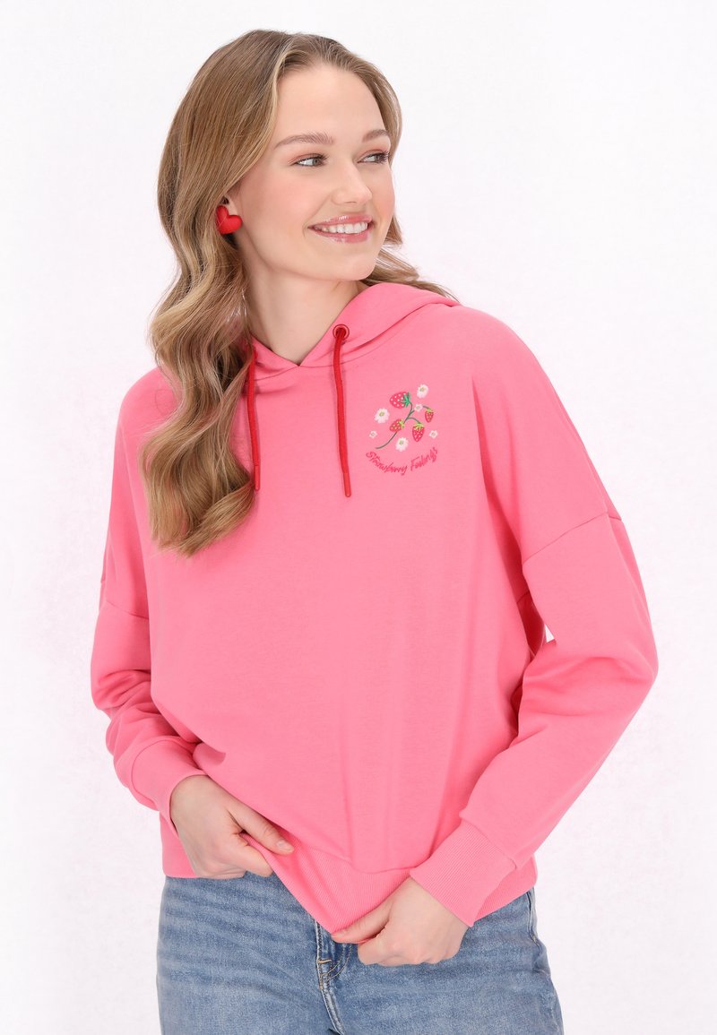 Felpa rosa con tasca frontale, cappuccio con coulisse e ricamo floreale di fragole. Tessuto di cotone morbido e vestibilità rilassata.