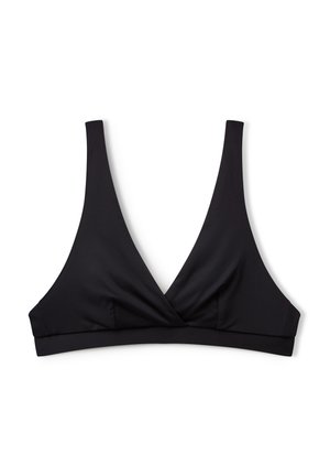 Zwarte bralette met een diepe V-halslijn, brede bandjes en een soepele rekbare stof. Heeft een kruisvoorkant ontwerp en een effen kleur.