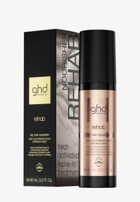 GHD Rehab odżywka do suchych włosów w butelce z różowo-złotym pompką, zapakowana w czarne i srebrne pudełko z tekstem i detalami logo. 95 mL.