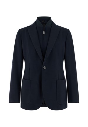Blazer azul marino con un solo botón, dos bolsillos delanteros aplicados y una capa interior con cremallera y cuello mao.
