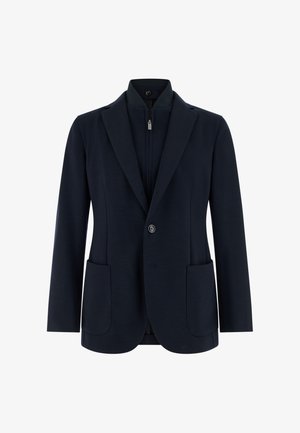 Tmavě modrý blejzr s jedním knoflíkem, dvěma náprsními nasazovanými kapsami a vnitřní vrstvou se zipem a stojáčkem.