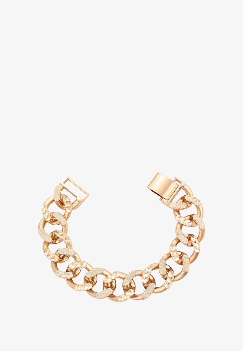 Aranyszínű lánc karkötő váltakozó sima és texturált láncszemekkel. Biztonságos csattal és robusztus dizájnnal rendelkezik, amely elegáns megjelenést kölcsönöz.