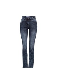 Jeans in denim blu scuro con una vestibilità slim, vita alta, cinque tasche e una leggera scoloritura. Presentano chiusura con bottone in metallo e passanti per cintura.