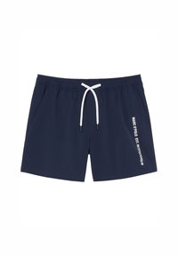 Mörkblå badshorts gjorda av lätt material, med resårmidja och snörning samt vit tryckt text längs sidan.