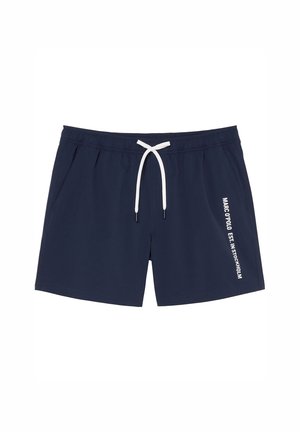 Mörkblå badshorts gjorda av lätt material, med resårmidja och snörning samt vit tryckt text längs sidan.