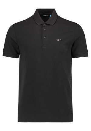 Black polo shirt made from cotton, featuring a three-button placket, a structured collar, and a small logo on the left chest.