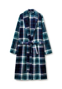 Zachte geruite badjas in marineblauw, teal en wit met sjaalkraag en bijpassende ceintuur gestrikt in de taille, plat gelegd op een witte achtergrond.