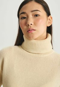 Pull à col roulé couleur crème avec un col en côtes et une texture, doté de manches longues et d'une coupe ample. Design minimaliste sans motifs.
