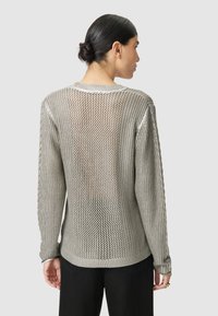 Zilveren gebreide trui met een open gaasdesign, lange mouwen en ribgebreide manchetten. Kenmerkt zich door een los geweven textuur en een ronde halslijn.