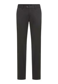 Pantaloni neri realizzati in tessuto liscio. Presentano una vestibilità slim, passanti per la cintura, tasche anteriori e una chiusura a bottoni con zip.