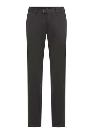 Black trousers made of smooth fabric. Features a slim fit, belt loops, front pockets, and a button closure with a zip fly.