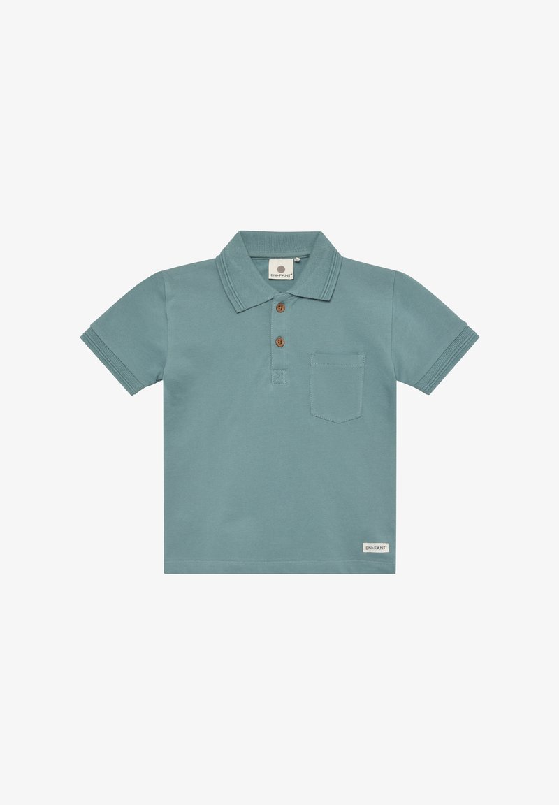Koszulka polo z krótkim rękawem z miękkiej bawełny w odcieniu miękkiej zieleni, z kołnierzykiem, trzema brązowymi guzikami i pojedynczą kieszenią na piersi. Etykieta na brzegu.