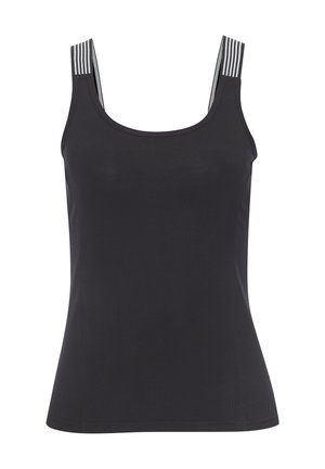 Schwarzes eng anliegendes ärmelloses Tank-Top mit Rundhalsausschnitt und doppelt weiß gestreiften Schulterträgern.