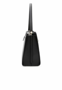 Borsa nera in pelle con un design strutturato e rettangolare. Presenta un manico superiore singolo e una superficie liscia. Chiusura a zip visibile nella parte superiore.
