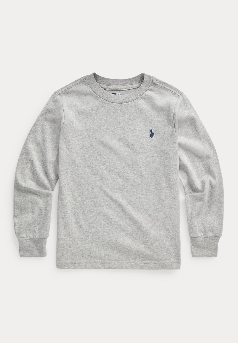 Graues Langarm-T-Shirt aus Baumwolle, mit Rundhalsausschnitt, gerippten Bündchen und einem kleinen marineblauen Logo auf der linken Brust. Weicher Stoff.