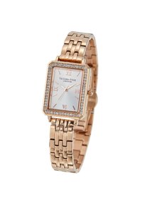Reloj rectangular de oro rosa con esfera plateada, números romanos y acentos de cristal que rodean el bisel. Diseño de pulsera con eslabones.