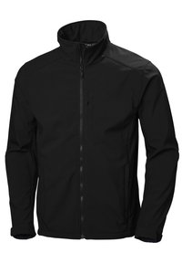 Chaqueta softshell negra con un alto cuello, cierre frontal de cremallera y bolsillos laterales. Hecha de material resistente al agua con una textura suave.