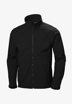Chaqueta softshell negra con un alto cuello, cierre frontal de cremallera y bolsillos laterales. Hecha de material resistente al agua con una textura suave.