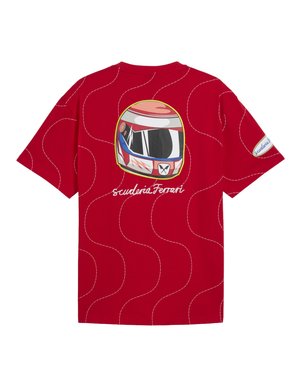 Red t-shirt with a stylized racing helmet graphic and "Scuderia Ferrari" text on the back, featuring wavy white stitching patterns.